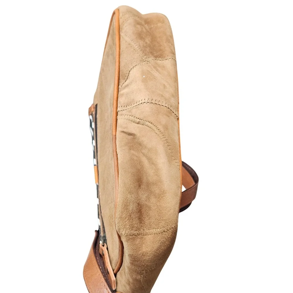 Vaan & Co Suede Leather Crossbody Bag Brown Patchwork Striped Flap‎ Adjustable